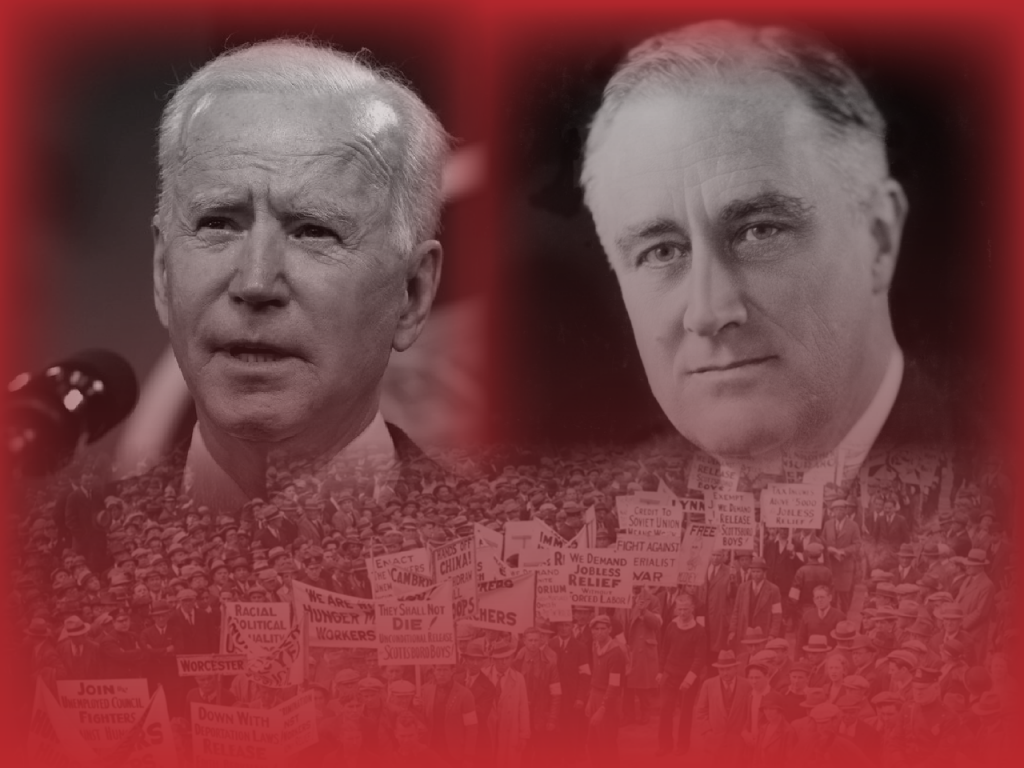 Biden and FDR outlined in red over a mass demonstration in the 1930s