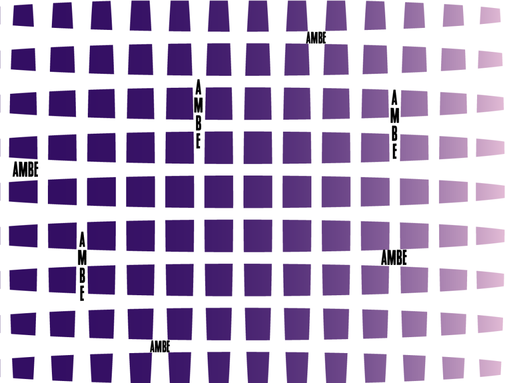 A lattice of thick white lines grafts onto an indigo-purple gradient, with the word "Ambe" appearing in the interstices.