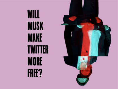 Picture of upside-down Elon Musk with the text "Will Musk Make Twitter More Free?"