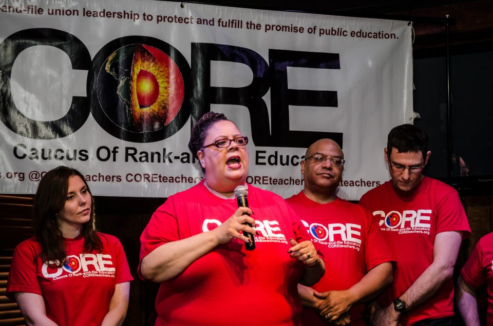 Karen Lewis and others at a CORE meeting. 