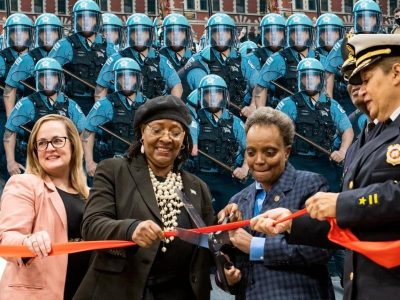 Lightfoot and others cut the ribbon at the opening of the new cop academy, while superimposed lines of cops in riot gear look on.