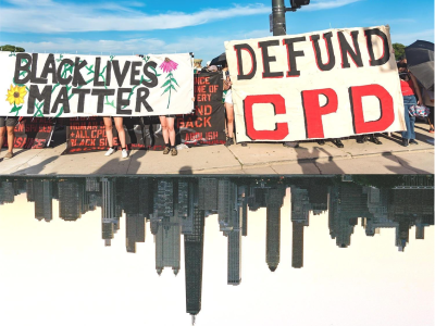 Protesters with signs that read "Black Lives Matter" and "Defund CPD" march while reflected underneath is the Chicago skyline.