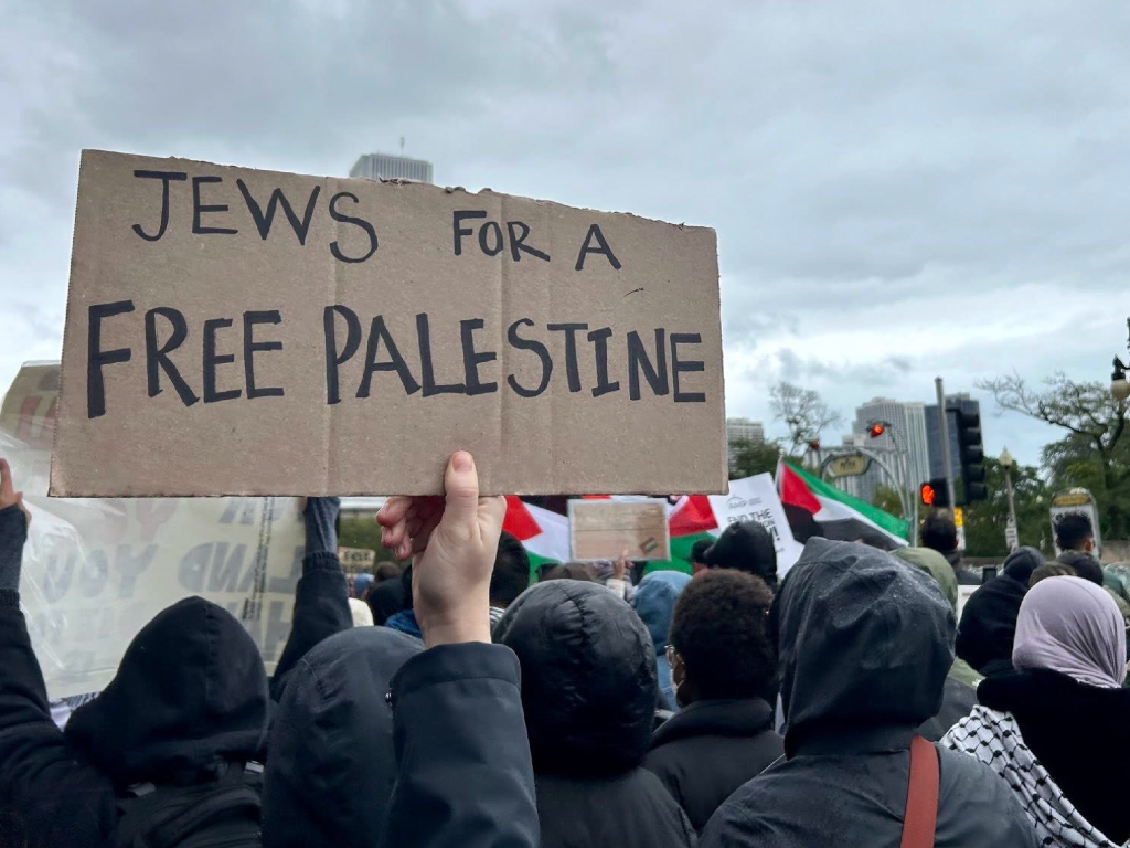 A protest sign at a pro-Palestine demonstration reads "Jews for a free Palestine"