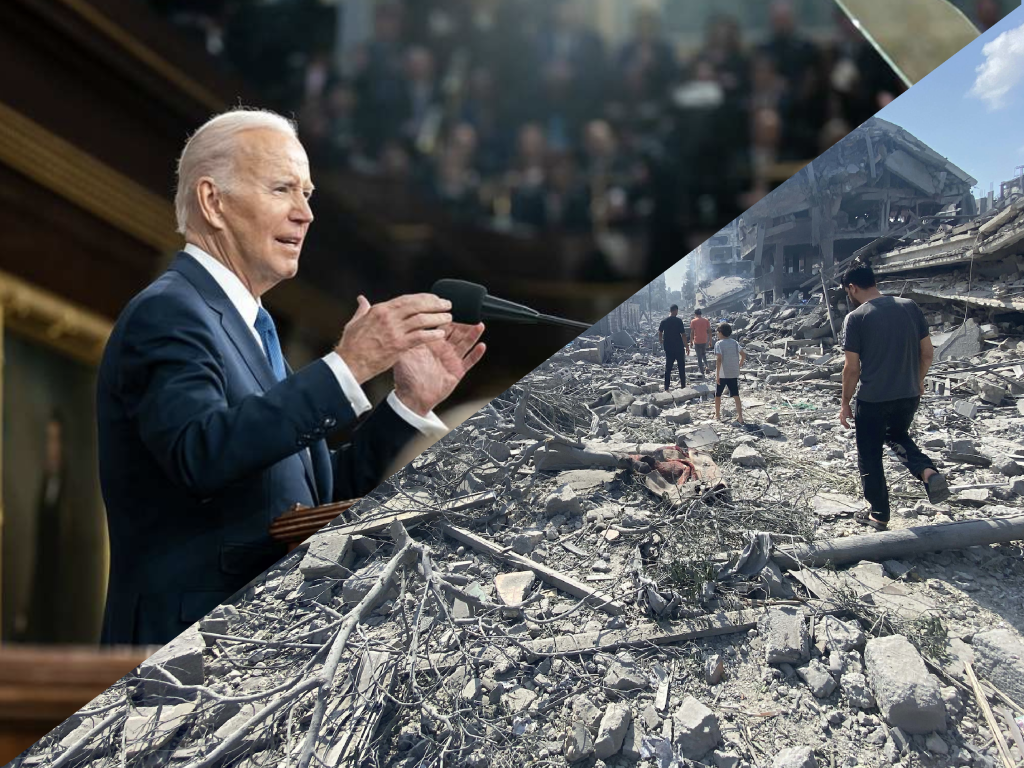 A photo of Joe Biden delivering a State of the Union address juxtaposed with people in Gaza walking through complete destruction.