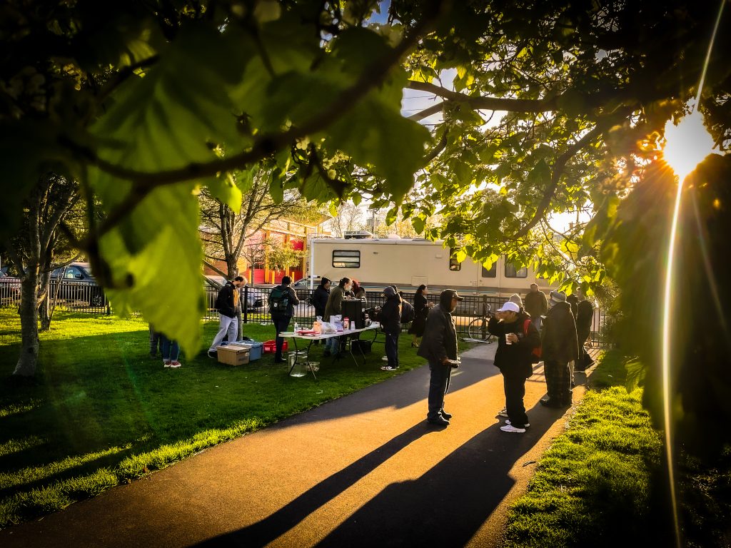 Long shot of a group of people sharing a meal in a park just before sunset