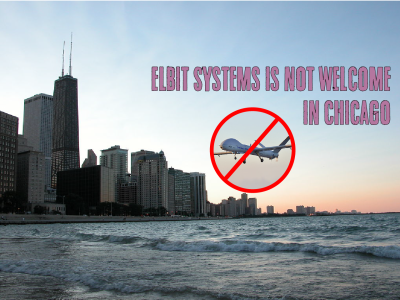 A photo of a drone, crossed out, is superimposed onto a photo of the Chicago skyline and lake.