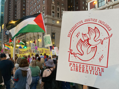 A photo from the Bodies Outside of Unjust Laws march, August 18, 2024, featuring a Palestinian flag and a poster reading "Reproductive Justice includes Palestinian Liberation"
