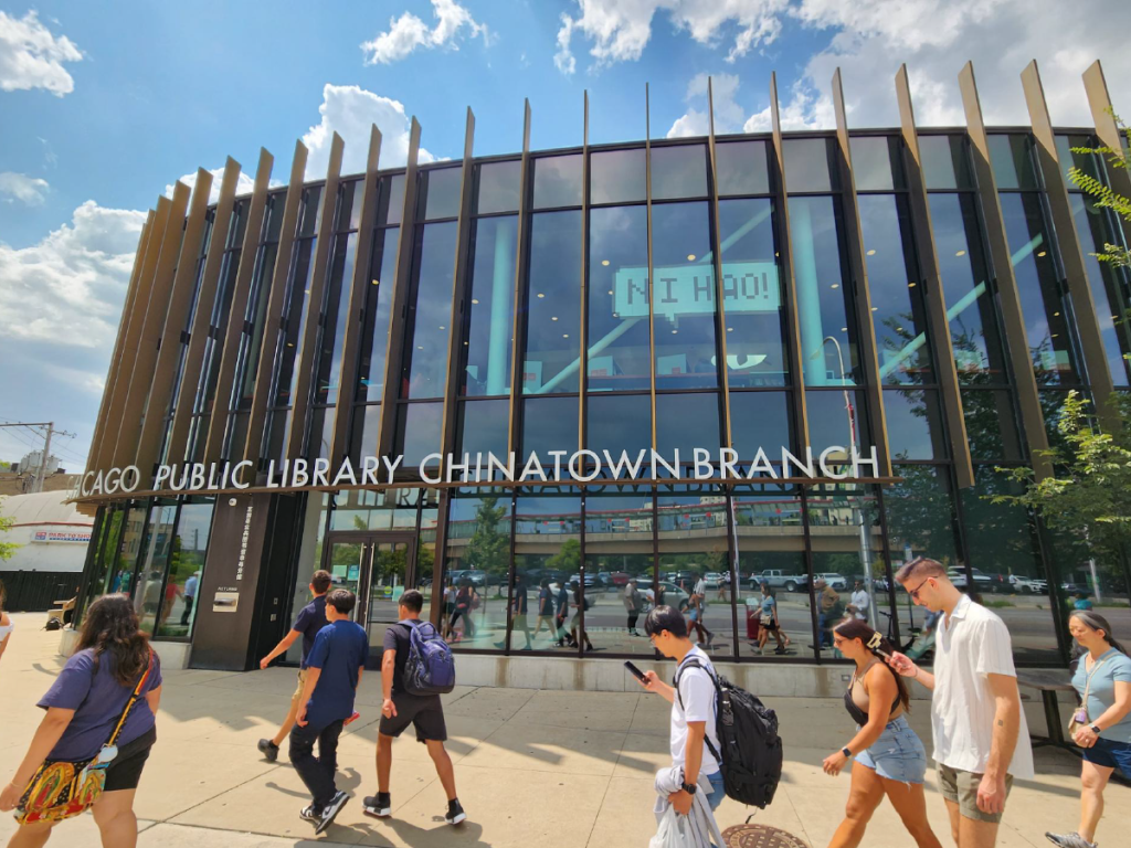 A photo of the exterior of the Chinatown branch of the Chicago Public Libraries system.